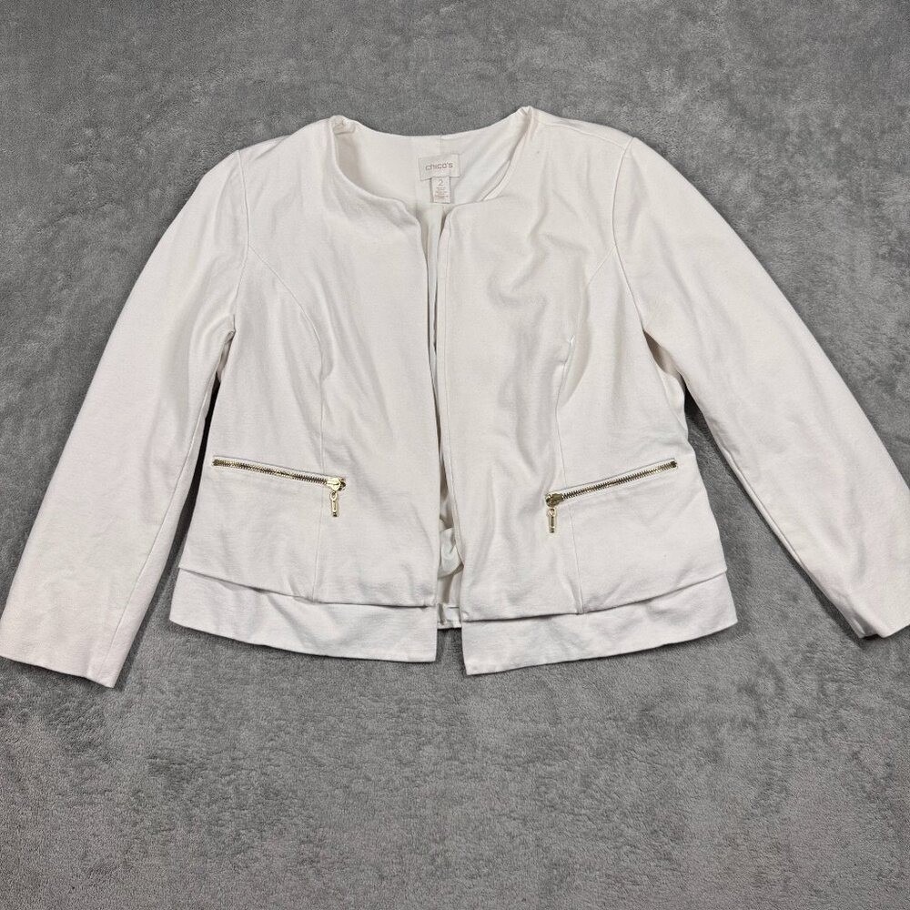 Chico's Women's 2 Ivory Ponte Open Front Jacket Gold Zip Pockets